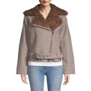 NWT DH New York Sky Taupe Faux Fur Diagonal Zip Warm Moto Biker Jacket